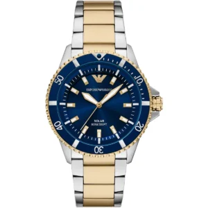 ar11738 emporio armani watch 100m 330ft men solar powered two tone blue dial metal stainless steel silver gold strap quartz analog world explorer
