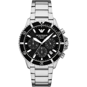 ar11739 emporio armani watch 100m 330ft men solar powered black dial metal stainless steel silver strap quartz analog chronograph world explorer