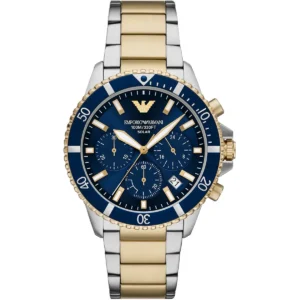 ar11740 emporio armani watch 100m 330ft men solar powered two tone blue dial metal stainless steel silver gold strap quartz analog chronograph world explorer