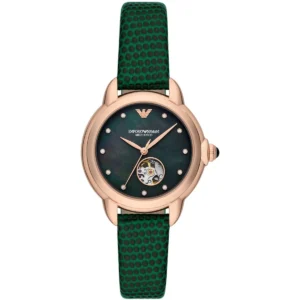 ar60073 emporio armani watch meccanico women mother of pearl black dial leather green strap automatic analog mia