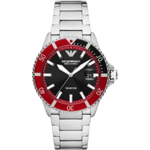 ar60074 emporio armani watch meccanico 100 meters men black dial metal stainless steel silver strap automatic analog diver