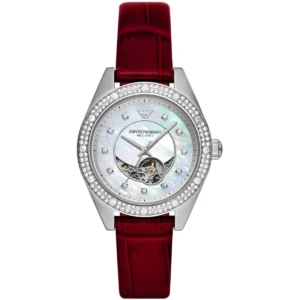 ar60075 emporio armani watch meccanico women crystals mother of pearl white dial leather red strap automatic analog leo