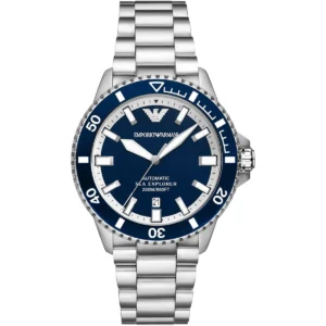 ar60079 emporio armani watch automatic 200m 660ft men blue dial metal stainless steel silver strap analog sea explorer