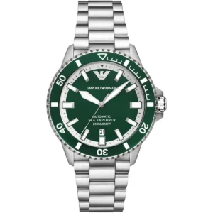 ar60080 emporio armani watch automatic 200m 660ft men green dial metal stainless steel silver strap analog sea explorer