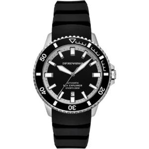 ar60086 emporio armani watch automatic sea explorer divers 200m men black dial rubber strap analog