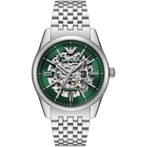 ar60091 emporio armani watch automatic men skeleton green dial metal stainless steel silver strap analog antonio