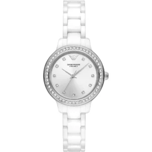 ar70013 emporio armani watch women crystals silver dial ceramic white strap quartz analog cleo