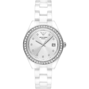 ar70014 emporio armani watch women crystals silver dial ceramic white strap quartz analog leo
