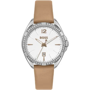 1502644 hugo boss watch women crystal white dial leather brown strap quartz battery analog three hand felina