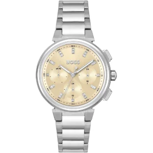 1502676 hugo boss watch women gold dial metal stainless silver strap quartz battery analog chronograph one