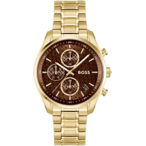 1502770 hugo boss watch women patterned brown dial stainless steel metal gold strap quartz battery analog 4 hands grand tour