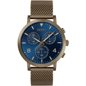 1513693 hugo boss watch chronograph men blue dial metal stainless brown mesh strap quartz battery analog spirit