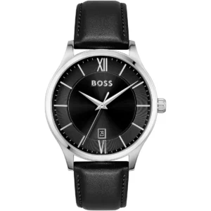 1513954 hugo boss watch men black dial leather strap quartz battery analog three hand elite