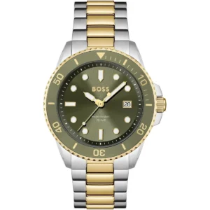 1514011 hugo boss watch water resistant 20bar men green dial metal stainless silver gold strap quartz battery analog three hand ace