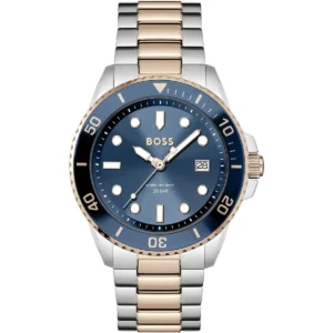 1514012 hugo boss watch water resistant 20bar men blue dial metal stainless silver rose gold strap quartz battery analog three hand ace