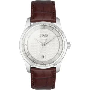 1514114 hugo boss watch men silver dial leather brown strap quartz battery analog three hand principle