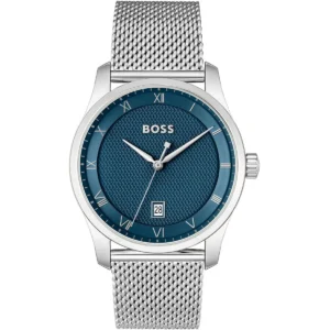 1514115 hugo boss watch men blue dial metal stainless silver strap quartz battery analog three hand principle