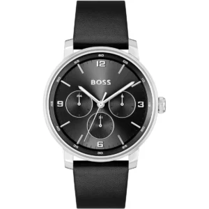 1514125 hugo boss watch men black dial leather strap quartz battery analog 4 hands contender