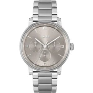 1514127 hugo boss watch men gray dial stainless steel metal silver strap quartz battery analog 4 hands contender