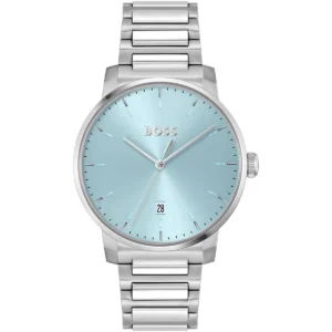 1514132 hugo boss watch men blue dial stainless steel metal silver strap quartz battery analog three hand dean