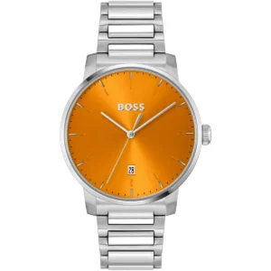 1514133 hugo boss watch men orange dial stainless steel metal silver strap quartz battery analog three hand dean