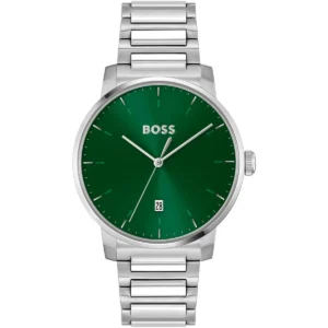 1514134 hugo boss watch men green dial stainless steel metal silver strap quartz battery analog three hand dean