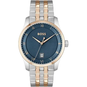1514135 hugo boss watch men patterned two tone blue dial stainless steel metal silver rose gold strap quartz battery analog three hand principle