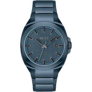 1514138 hugo boss watch 5bar 50 meters men patterned blue dial stainless steel metal strap quartz battery analog three hand walker