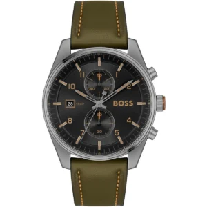 1514148 hugo boss watch 5bar men black dial leather green strap quartz battery analog chronograph skytraveller