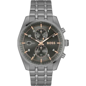 1514153 hugo boss watch men gray dial stainless steel metal grey strap quartz battery analog chronograph skytraveller