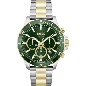 1514154 hugo boss watch chronograph 5bar 165ft men green dial stainless steel metal silver gold strap quartz battery analog troper