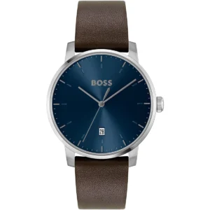 1514160 hugo boss watch men blue dial leather brown strap quartz battery analog three hand dean