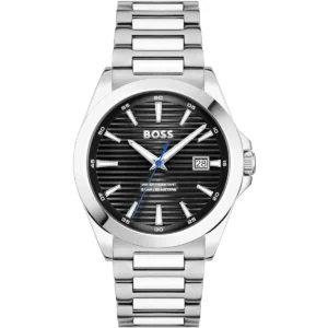 1514170 hugo boss watch water resistant 5bar 50 meters men black dial stainless steel metal silver strap quartz battery analog three hand strike