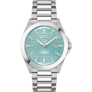 1514171 hugo boss watch water resistant 5bar 50 meters men turquoise dial stainless steel metal silver strap quartz battery analog three hand strike