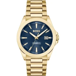 1514172 hugo boss watch water resistant 5bar 50 meters men blue dial stainless steel metal gold strap quartz battery analog three hand strike
