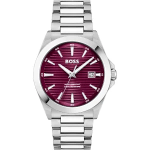 1514174 hugo boss watch water resistant 5bar 50 meters men red dial stainless steel metal silver strap quartz battery analog three hand strike