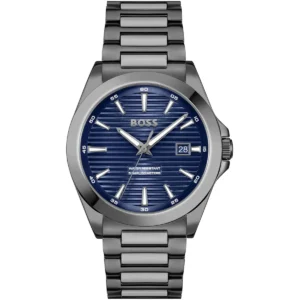 1514175 hugo boss watch water resistant 5bar 50 meters men gun stainless steel blue dial stainless steel metal gray strap quartz battery analog three hand strike