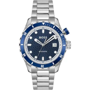 1514177 hugo boss watch bossmatic men patterned blue dial stainless steel metal silver strap automatic analog three hand