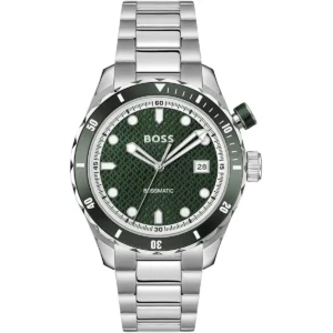 1514178 hugo boss watch bossmatic men patterned green dial stainless steel metal silver strap automatic analog three hand