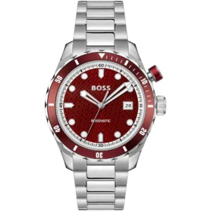 1514179 hugo boss watch bossmatic men patterned red dial stainless steel metal silver strap automatic analog three hand