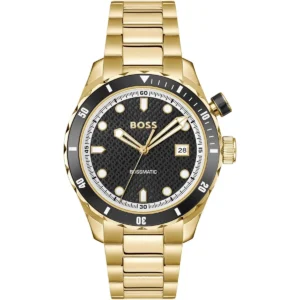 1514180 hugo boss watch bossmatic men patterned black dial stainless steel metal gold strap automatic analog three hand