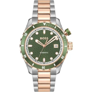 1514181 hugo boss watch bossmatic men patterned green dial stainless steel metal silver rose gold strap automatic analog three hand