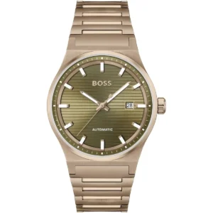 1514184 hugo boss watch automatic men green dial stainless steel metal brown strap analog three hand candor