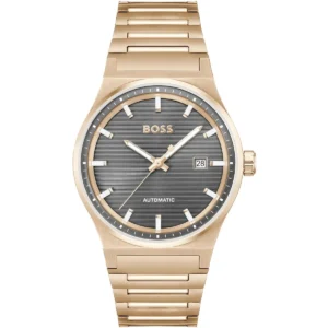 1514185 hugo boss watch automatic men gray dial stainless steel metal rose gold strap analog three hand candor