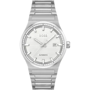 1514186 hugo boss watch automatic men white dial stainless steel metal silver strap analog three hand candor
