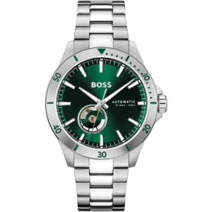 1514200 hugo boss watch automatic 10bar 100m men green dial stainless steel metal silver strap analog three hand troper