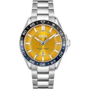 1514206 hugo boss watch water resist 5bar 165ft men yellow dial stainless steel metal silver strap quartz battery analog three hand runner