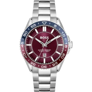 1514209 hugo boss watch water resist 5bar 165ft men burgundy dial stainless steel metal silver strap quartz battery analog three hand runner