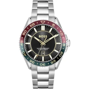 1514210 hugo boss watch water resist 5bar 165ft men black dial stainless steel metal silver strap quartz battery analog three hand runner