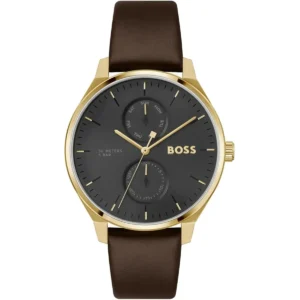 1514214 hugo boss watch 50 meters 5bar men black dial leather brown strap quartz battery analog three hand tyler